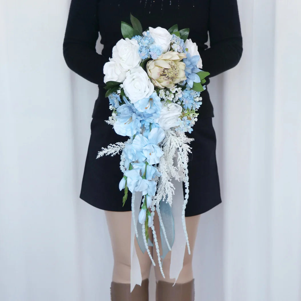 Blue and Tan Cascading Bridal Bouquet
