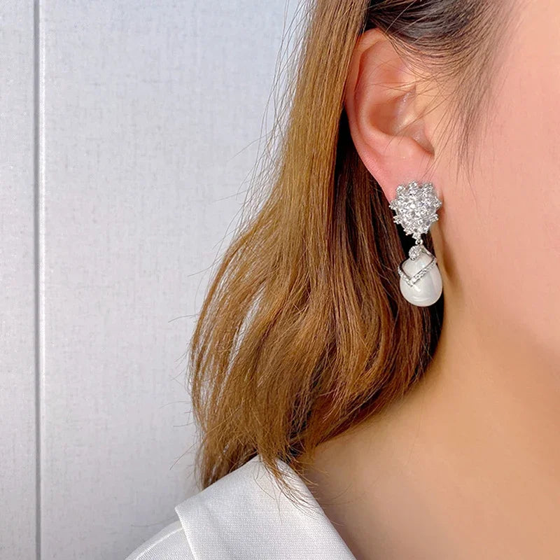 Crystal Cluster Pearl Drop Bridal Earrings