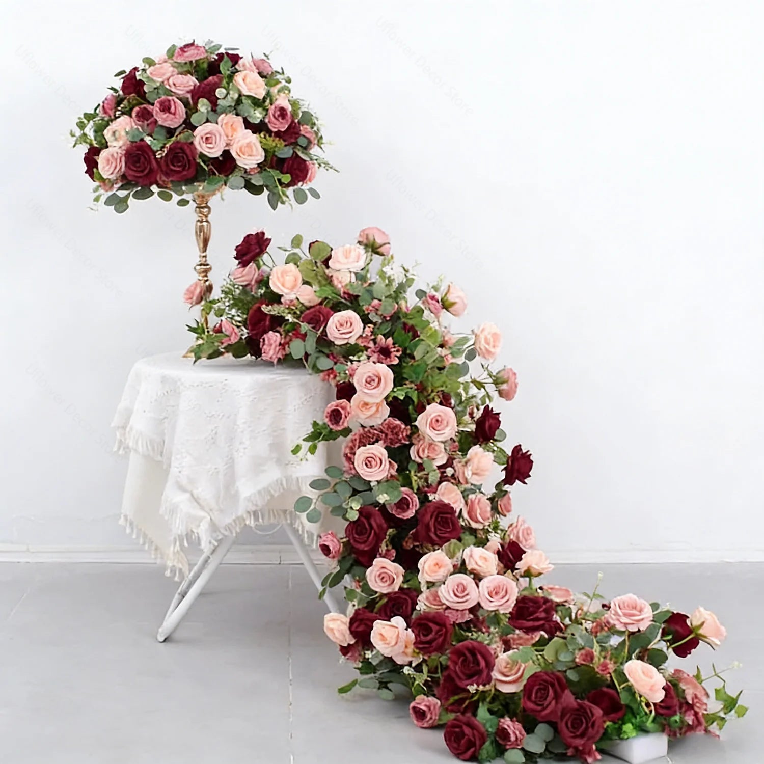 Burgundy and Blush Floral Wedding Table Runner and Flower Ball