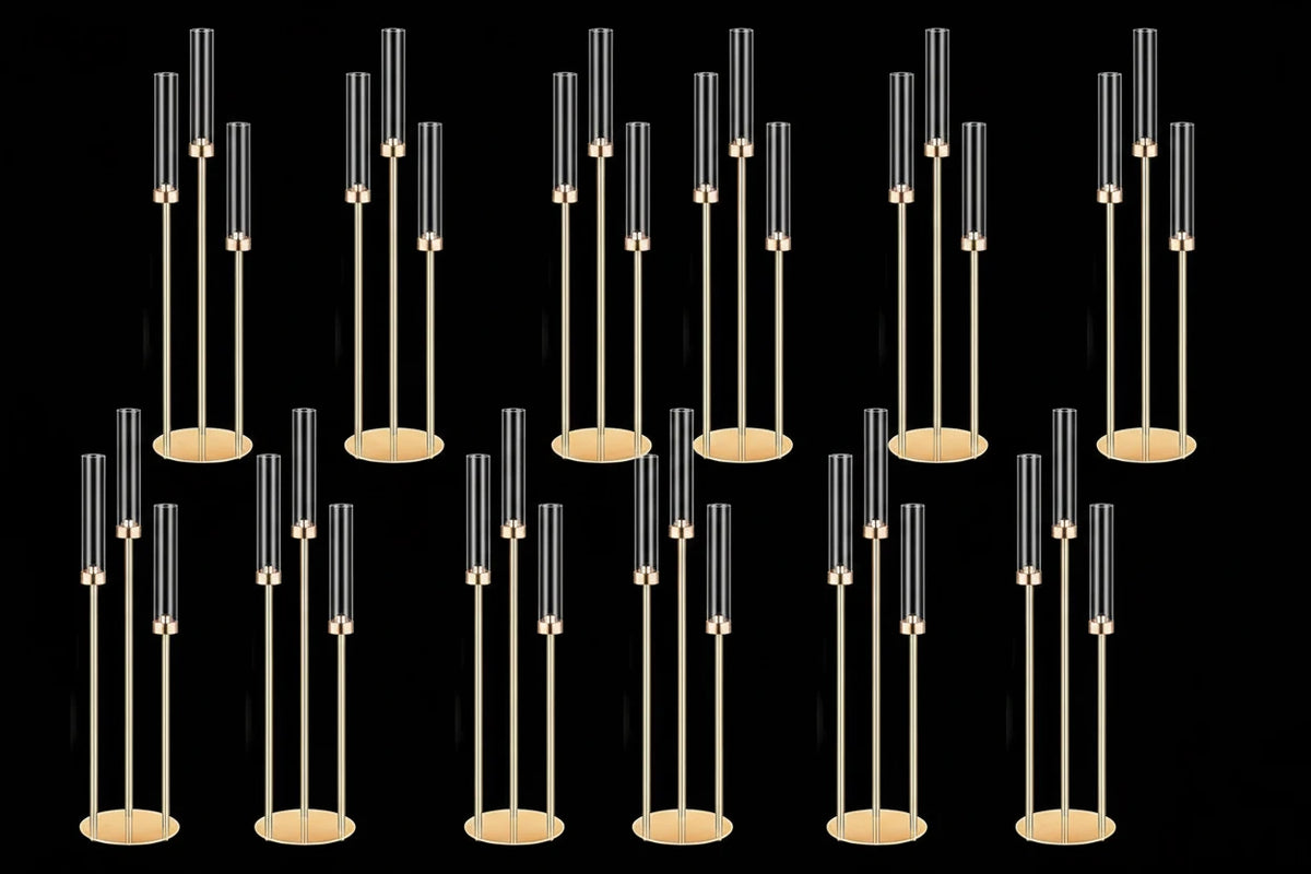 Tall 3-Arm Gold Wedding Candelabras – Set of 8