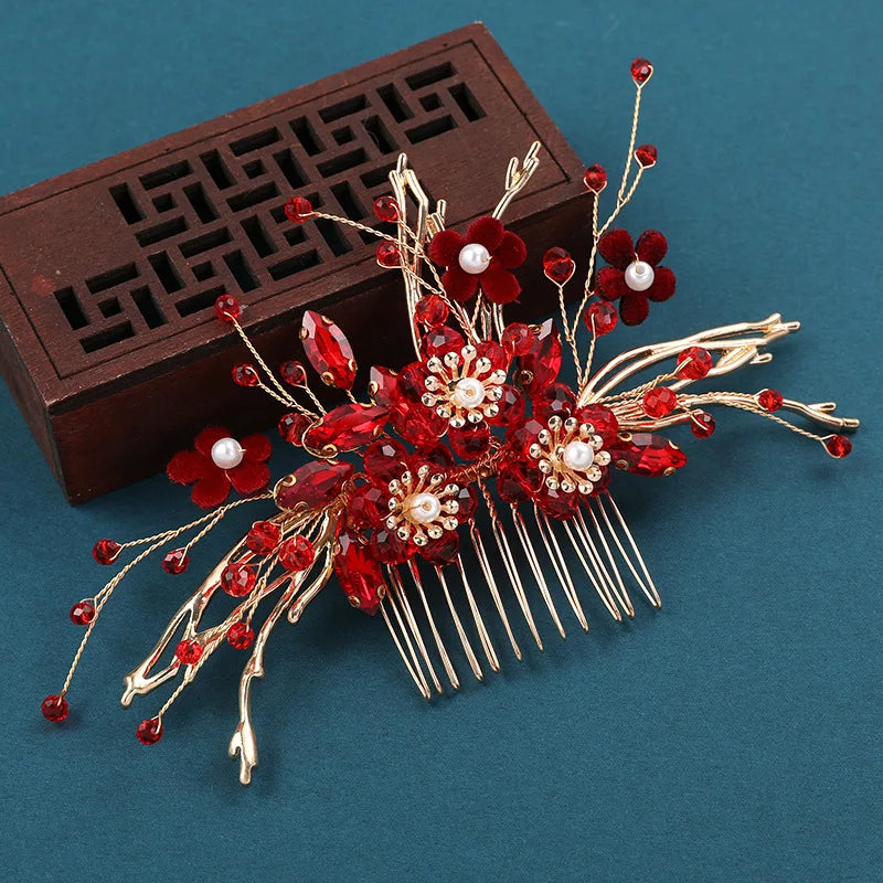 Vintage Red Crystal Flower Hair Clip