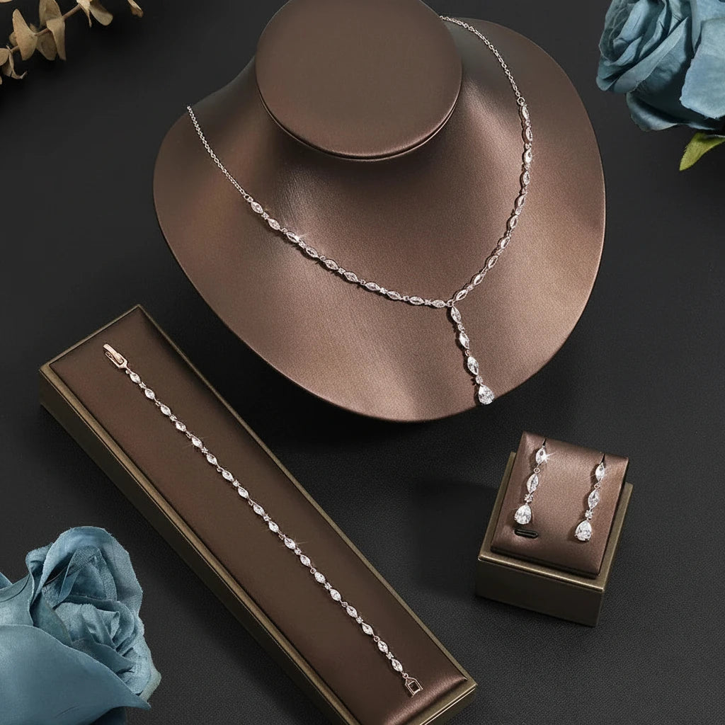 Crystal Y-Drop Bridal Jewelry Set – Necklace, Earrings & Bracelet