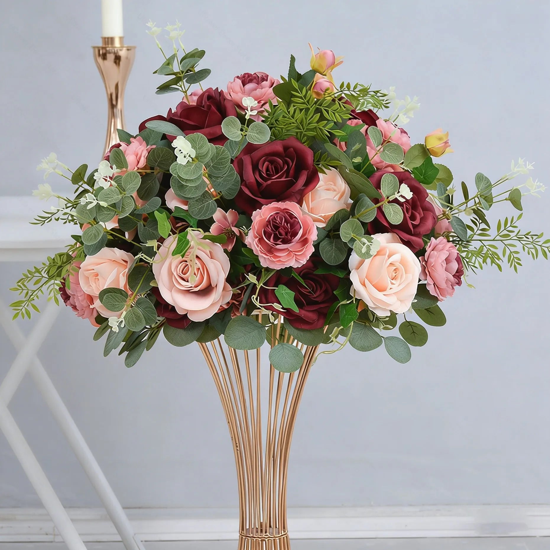 Burgundy and Blush Floral Wedding Table Runner and Flower Ball