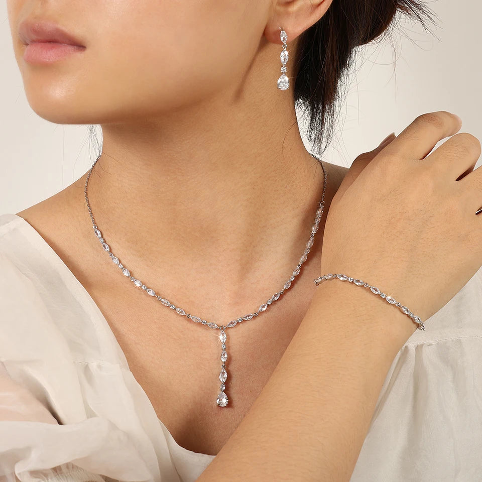 Crystal Y-Drop Bridal Jewelry Set – Necklace, Earrings & Bracelet