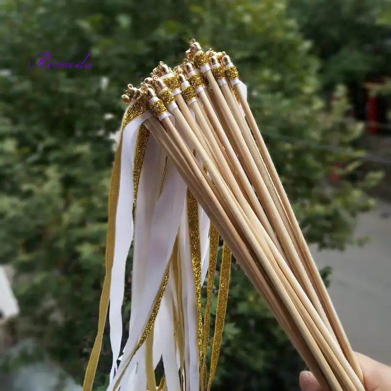 Gold White Wedding Ribbon Wands