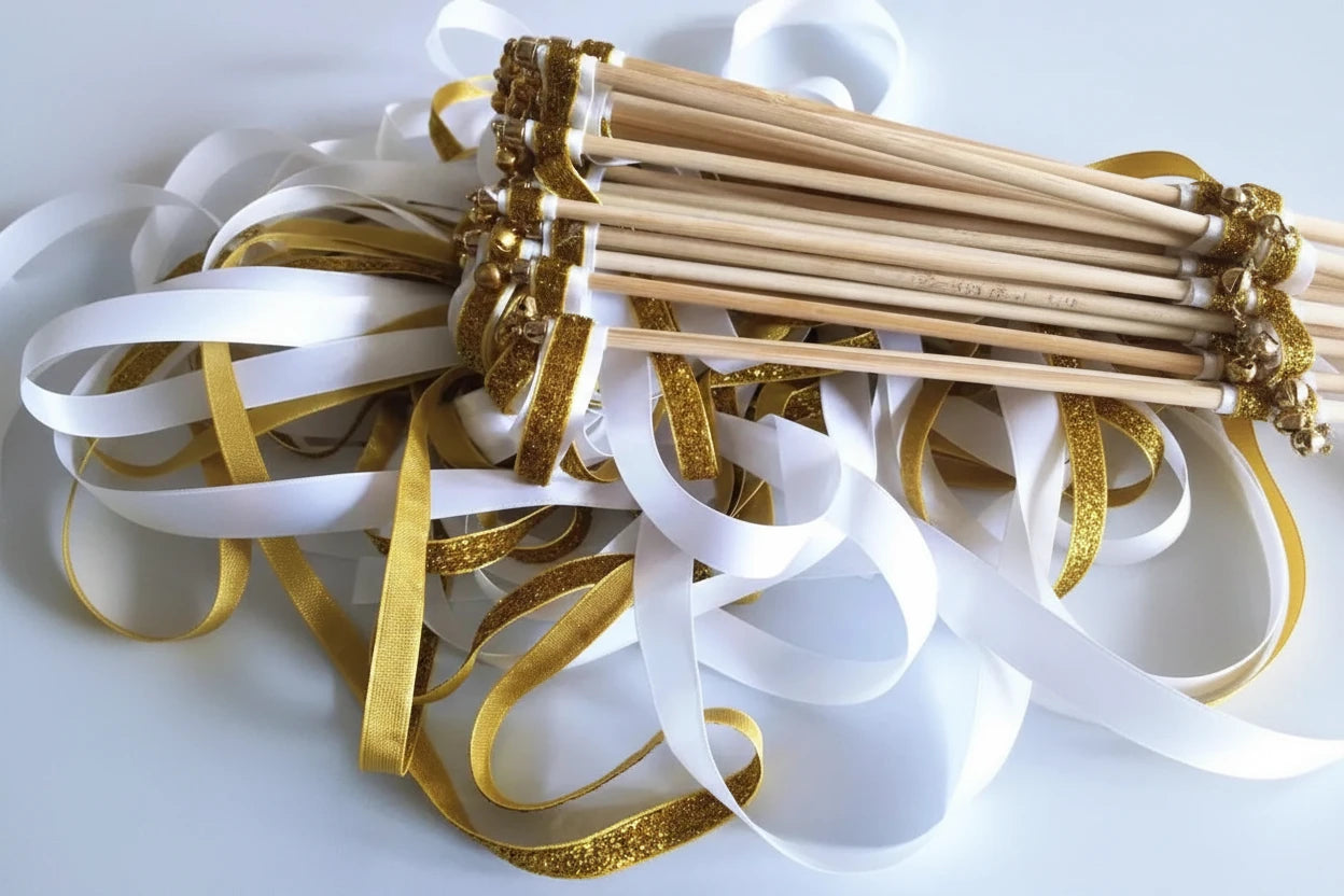 Gold White Wedding Ribbon Wands
