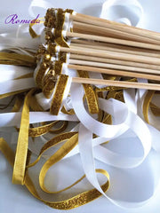 Gold White Wedding Ribbon Wands