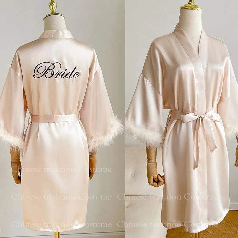 White Bride Wedding Robe with Feathers Women Satin Peignoir Sexy Bride