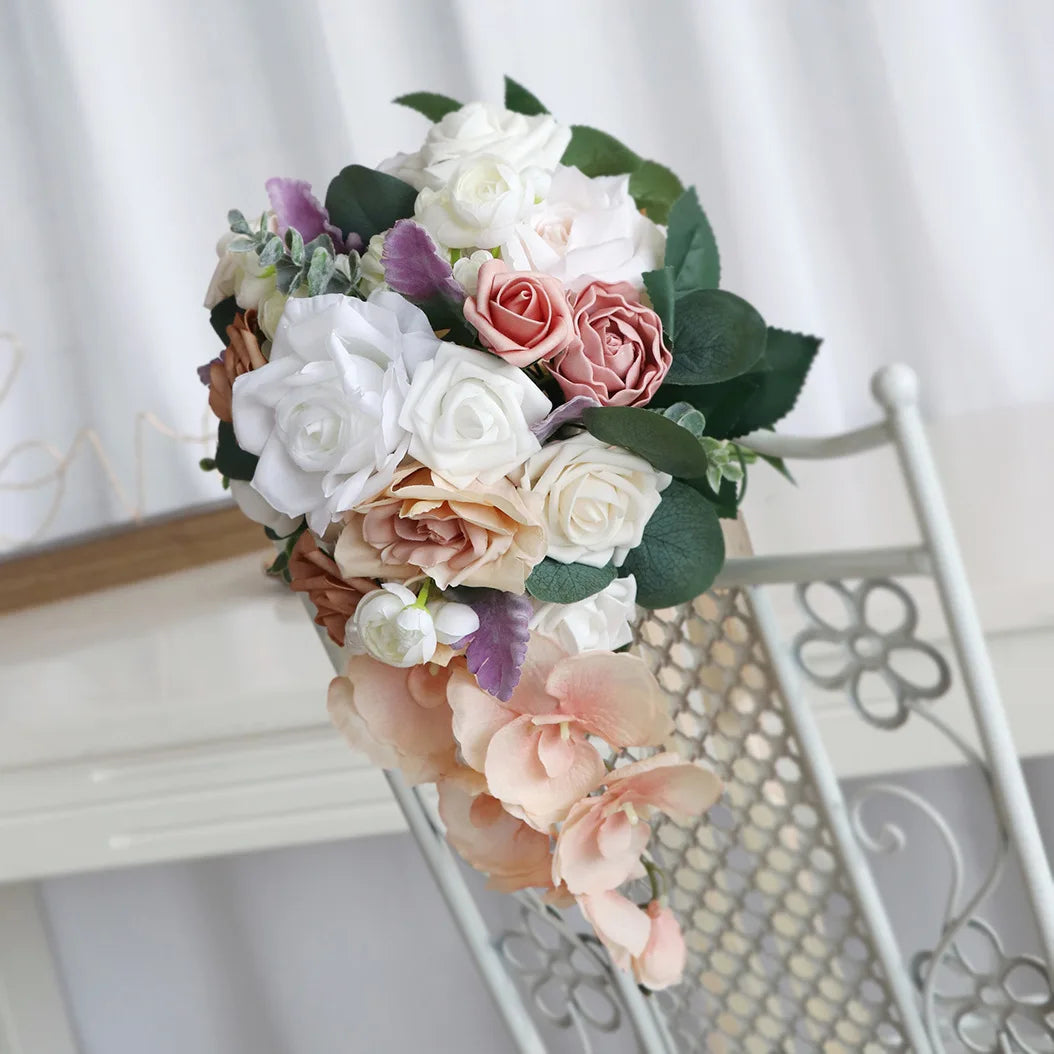 White Khaki Cascading Bridal Bouquet