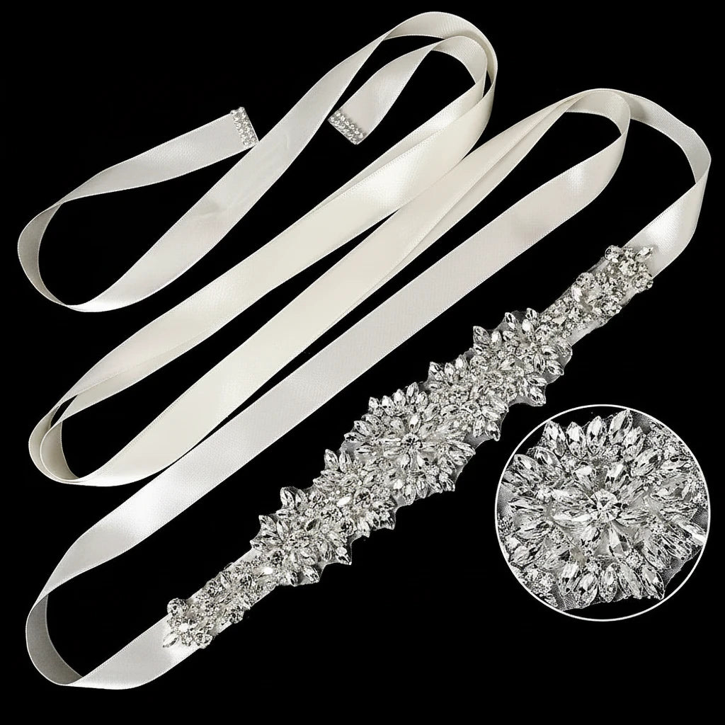 Crystal Rhinestone Bridal Sash Belt with Ivory Ribbon