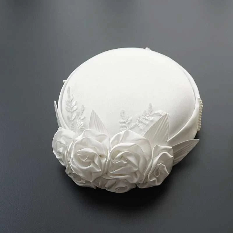Vintage Fairy White and Ivory Silk Satin Flower Top Hat for Wedding Oz