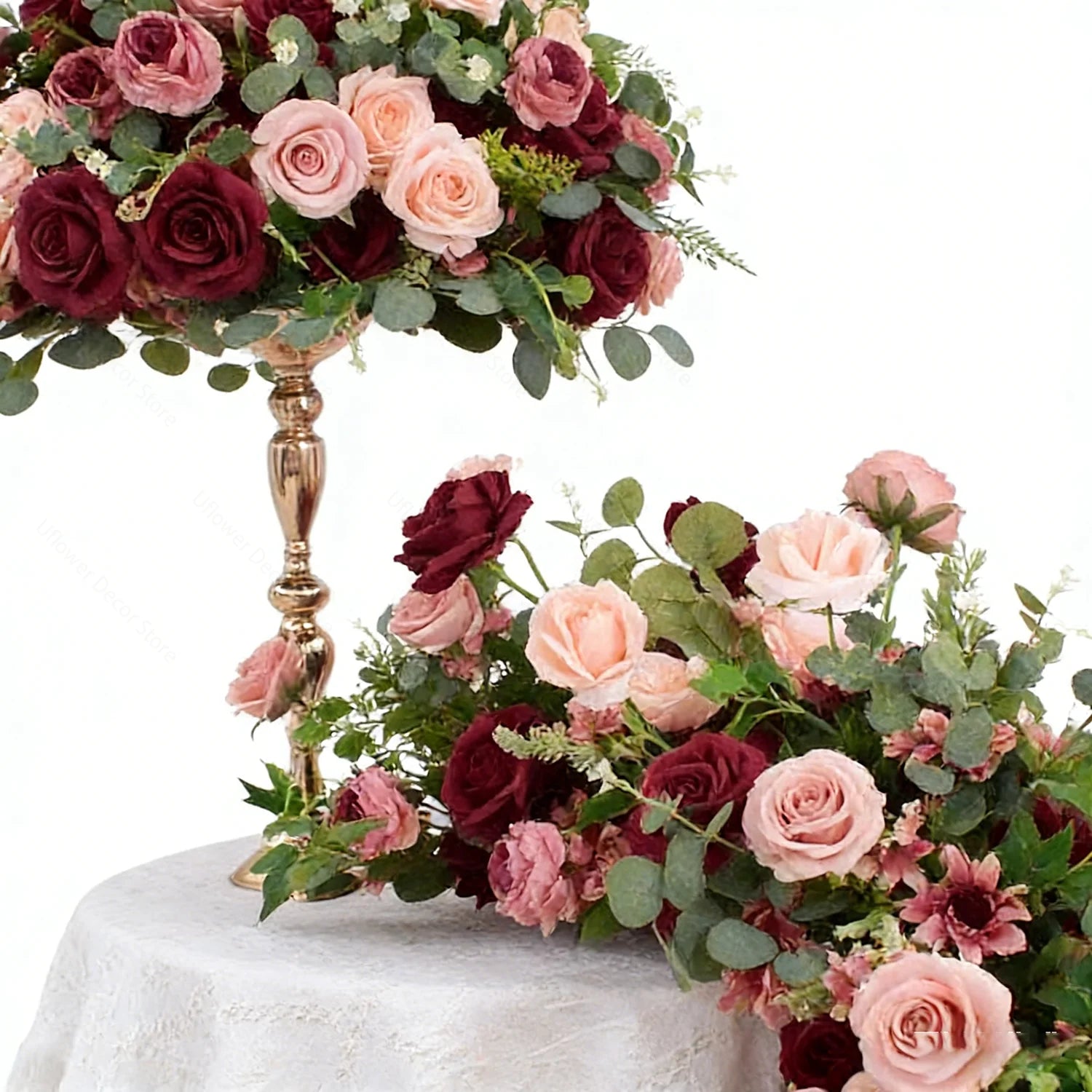 Burgundy and Blush Floral Wedding Table Runner and Flower Ball