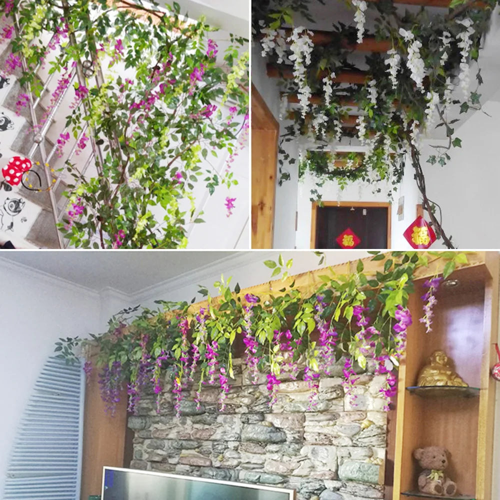 2pcs 7ft Artificial Silkflower Wisteria Blossom Vine Flower Wreath Garland Wedding Home Decoration Wedding Arch Floral Decor