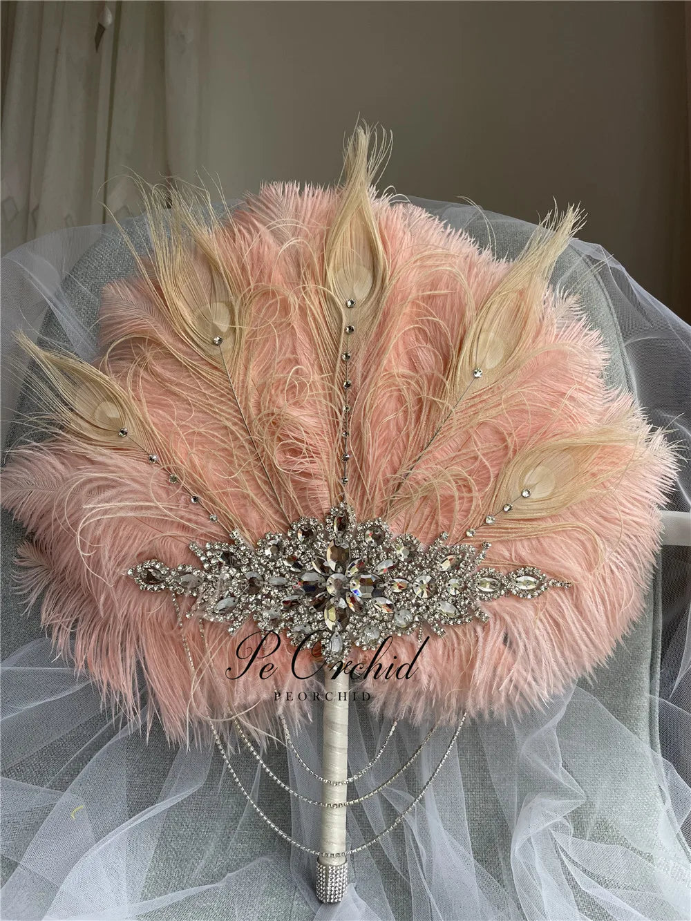 Pink Crystal Feather Bridal Fan