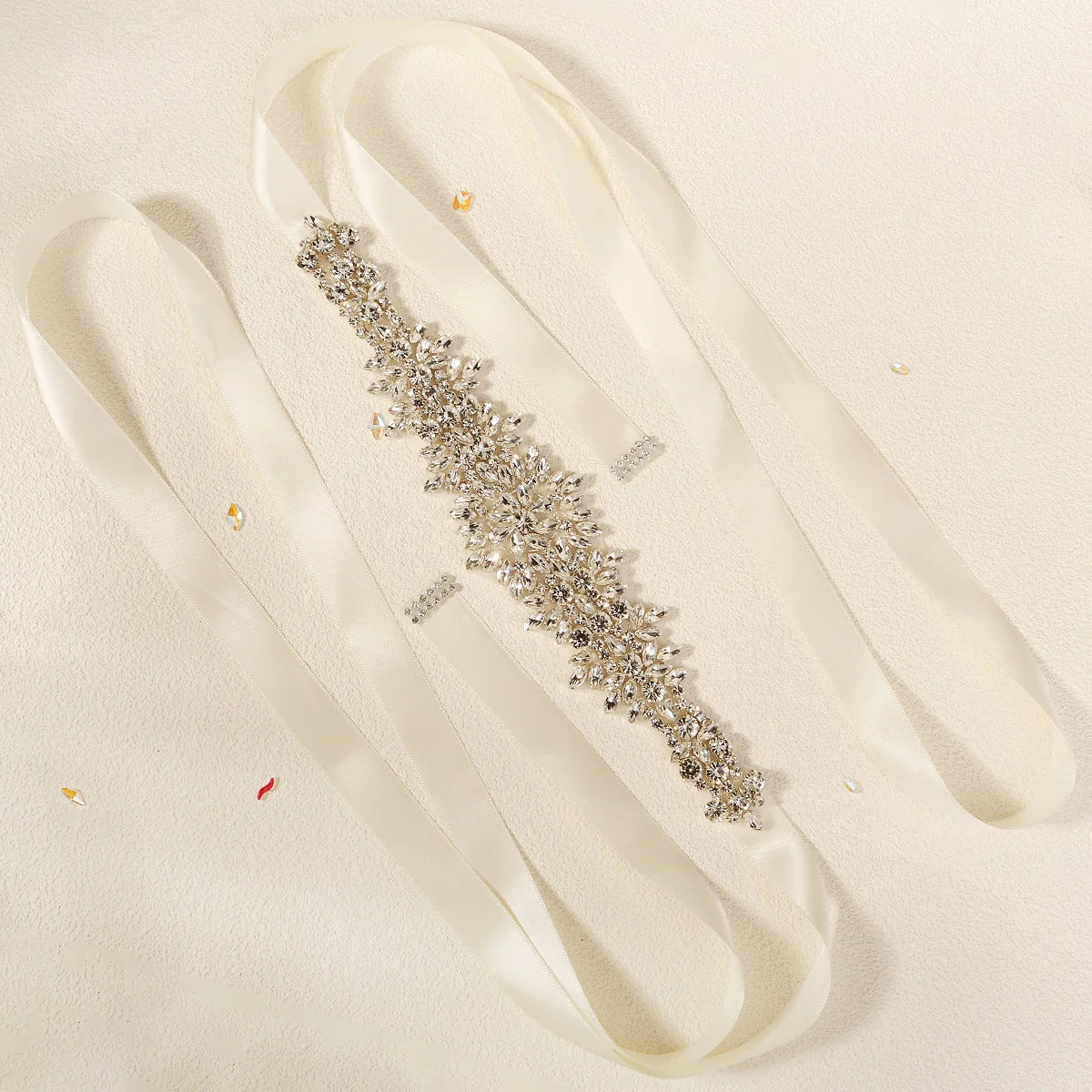 Crystal Rhinestone Bridal Sash Belt with Ivory Ribbon