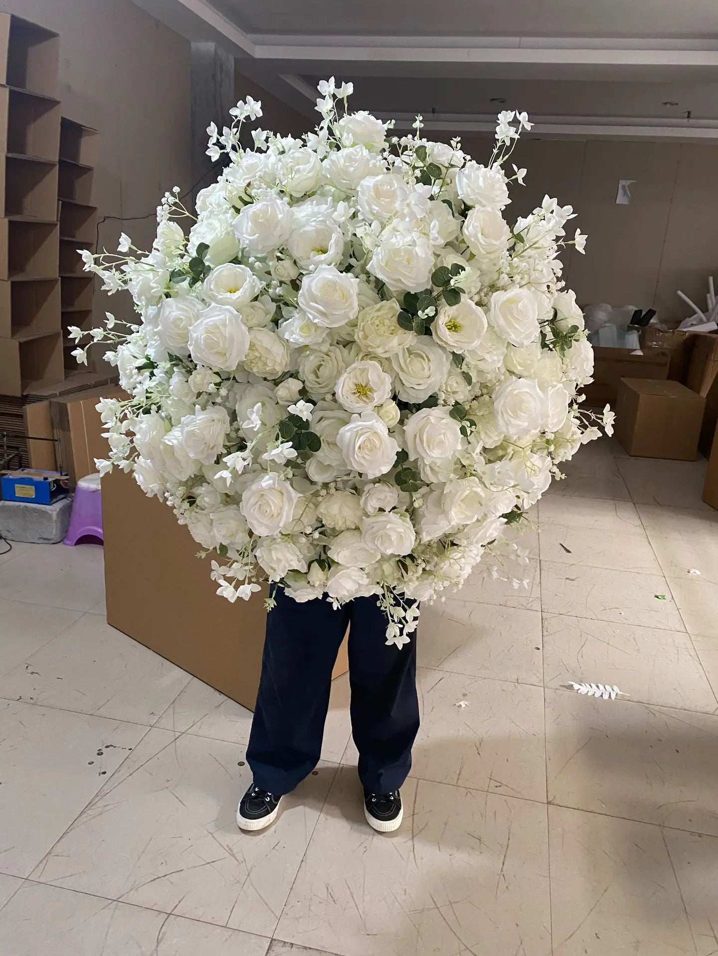 Elegant White Rose and Baby's Breath Flower Ball Decor
