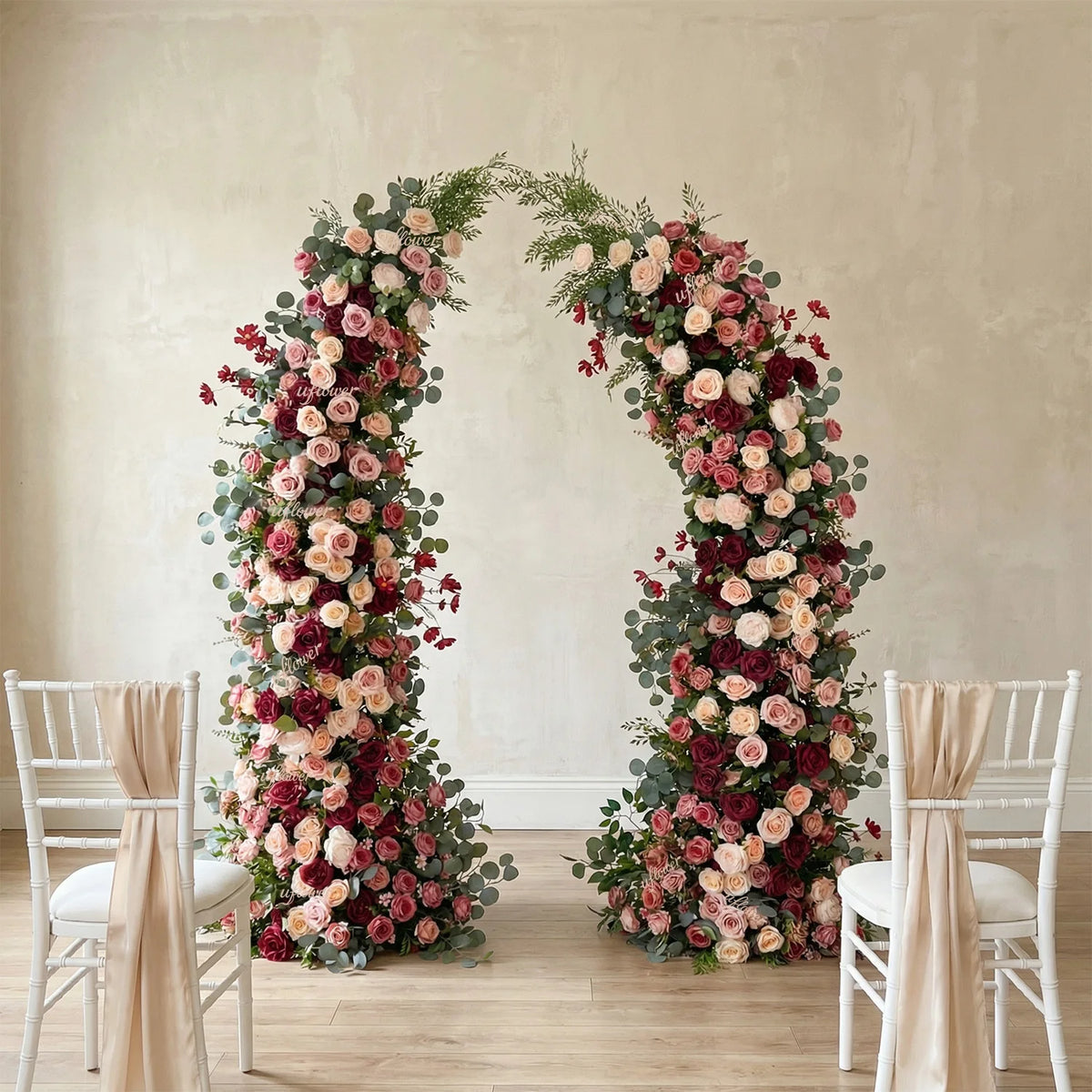 Romantic Rose & Eucalyptus Wedding Arch Floral Arrangement