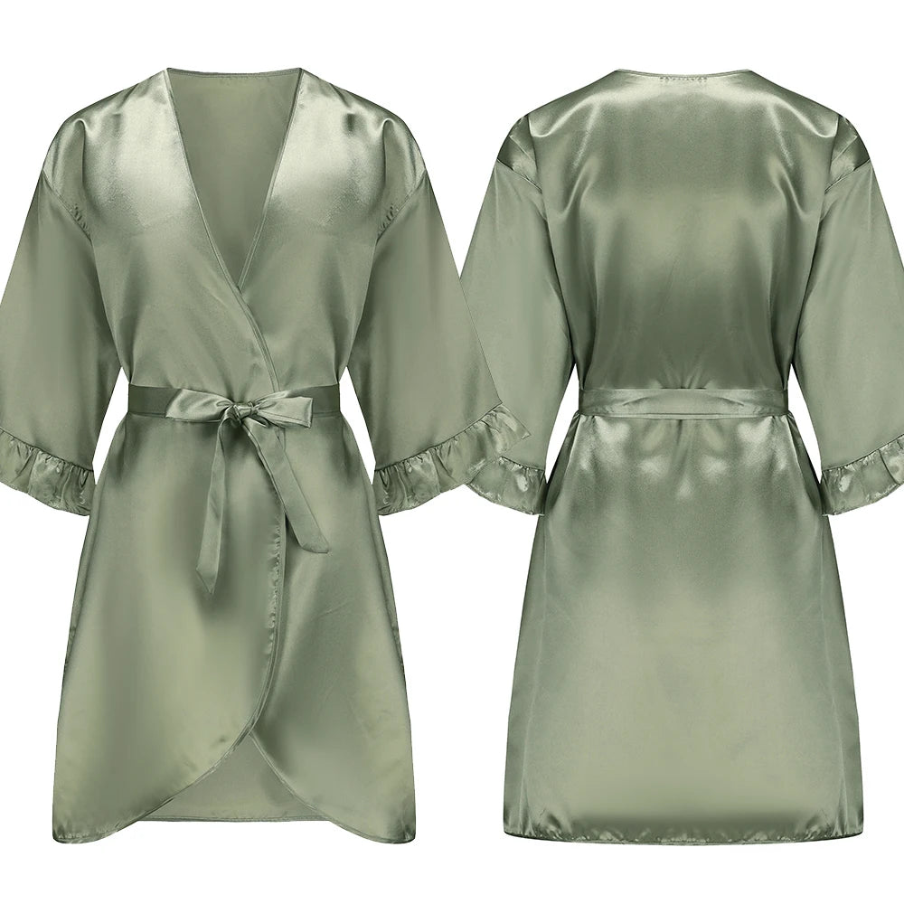 Sage Green and White Satin Silk Robes for Wedding Party