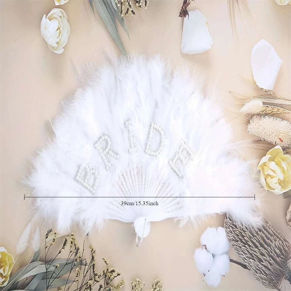 Elegant Bride Pearl Feather Fan Dazzling Hand held Bridal Accessory We