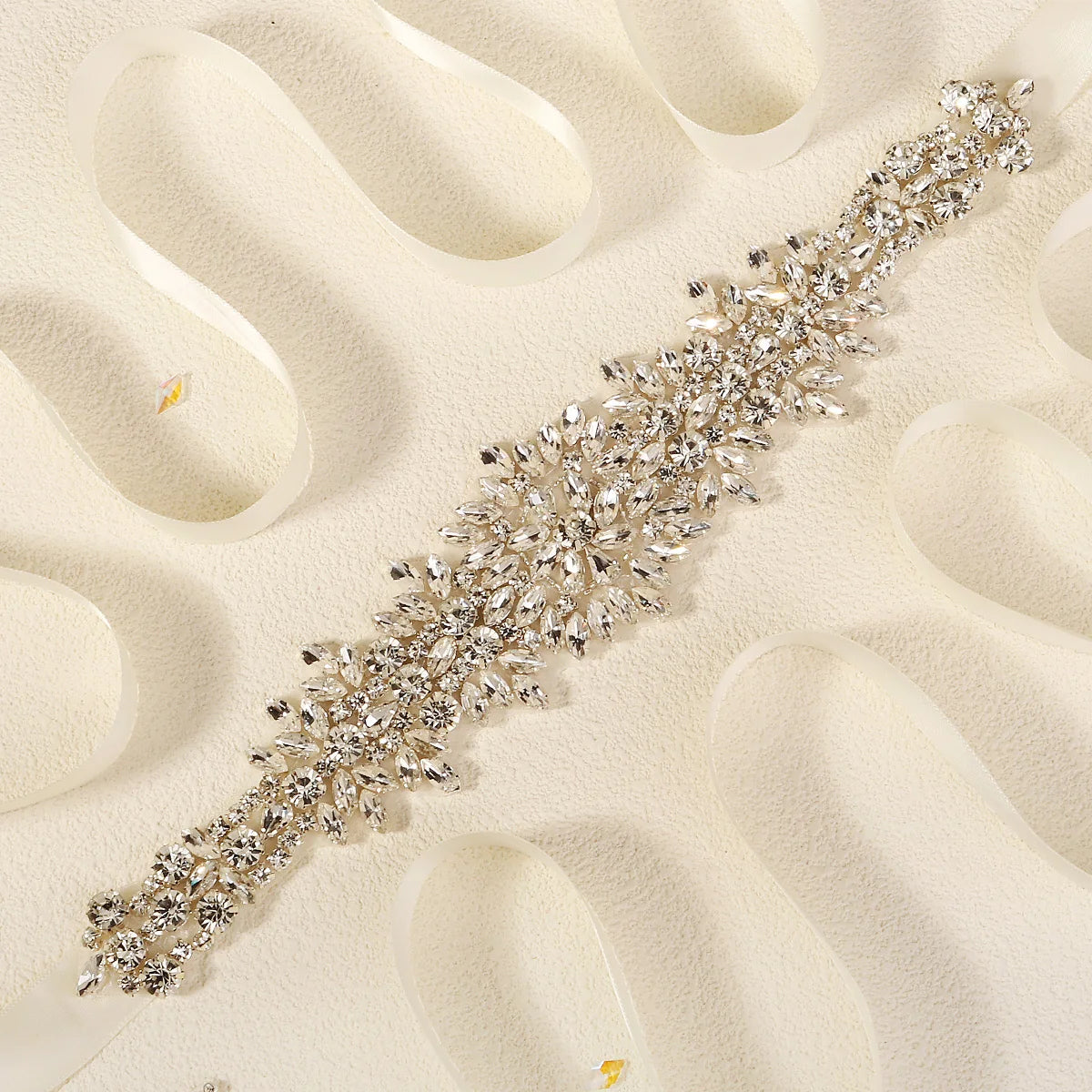 Crystal Rhinestone Bridal Sash Belt with Ivory Ribbon