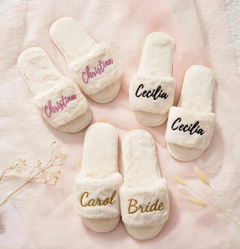 Personalized Fluffy Slippers For the Wedding Party