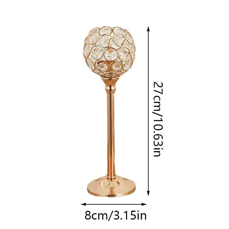 Golden Candle Holder Tea Light Candlestick with gold finish and crystal globe design, 27cm tall and 8cm wide, elegant home decor centerpiece