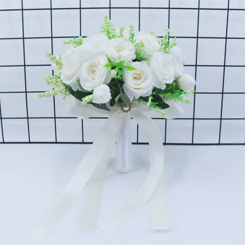 Bridal Bridesmaid Wedding Bouquet White Silk Flowers Roses Handmade  A