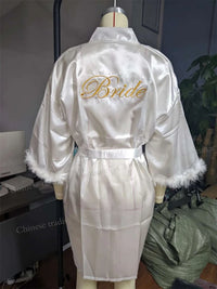 White Bride Wedding Robe with Feathers Women Satin Peignoir Sexy Bride