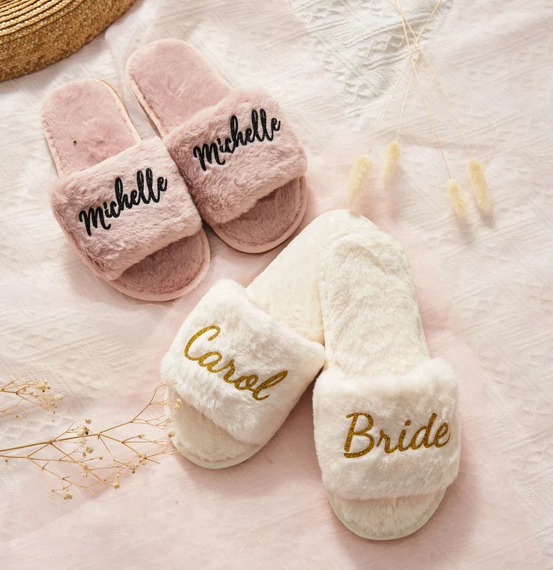 Personalized Fluffy Slippers For the Wedding Party