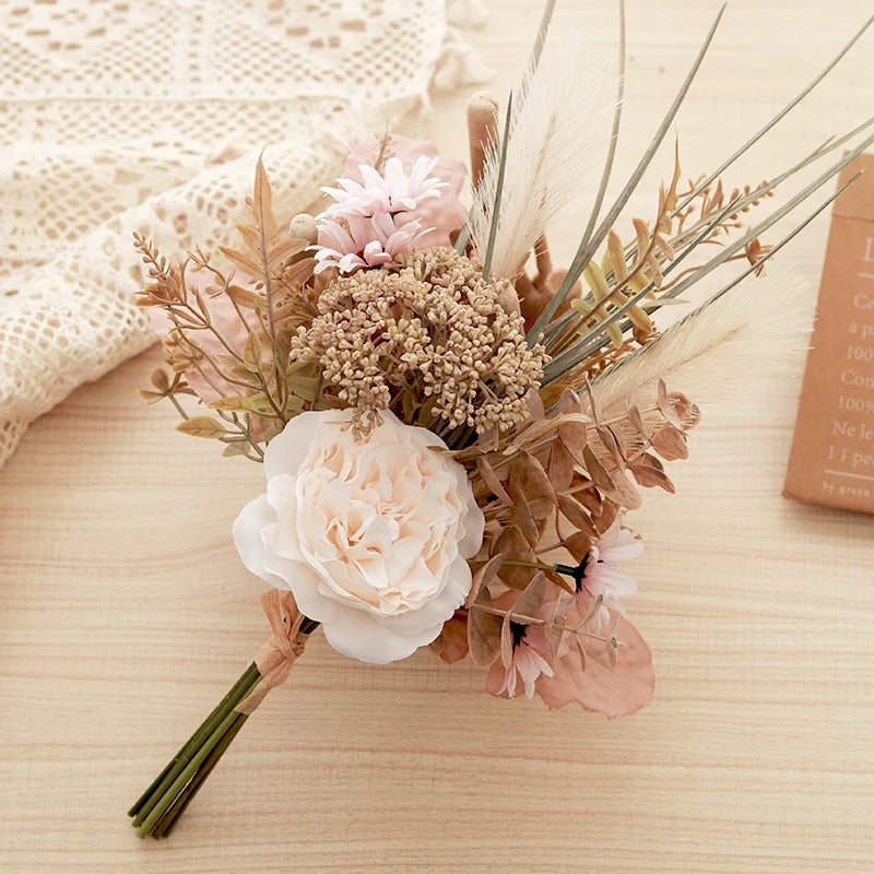 Wedding Decoration Artificial Flowers Rose Peony Pampas Bride Bouquet 