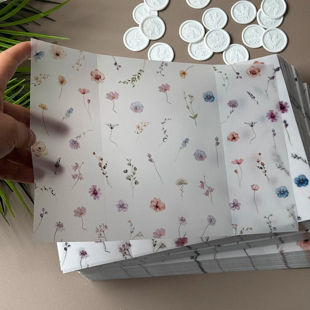 little flower and leaf  Vellum  Wrap suitable for a 5 x 7 Wedding Invi