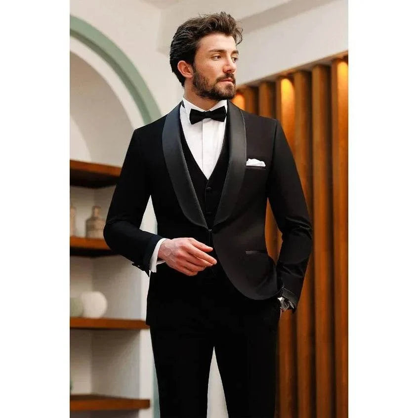 Custom Made Groomsmen Black Groom Tuxedos Mandarin Lapel Best Man Groo