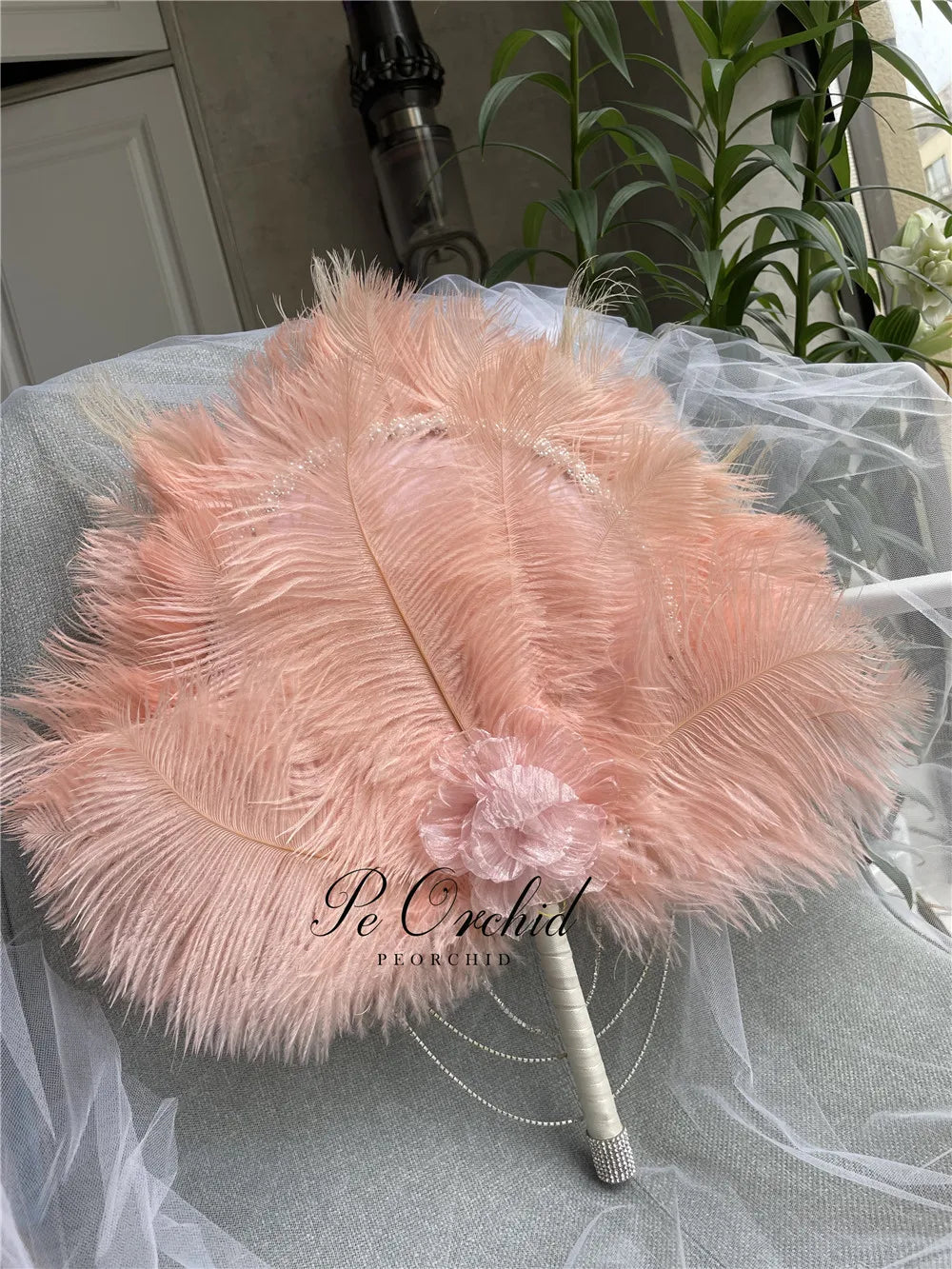 Pink Crystal Feather Bridal Fan