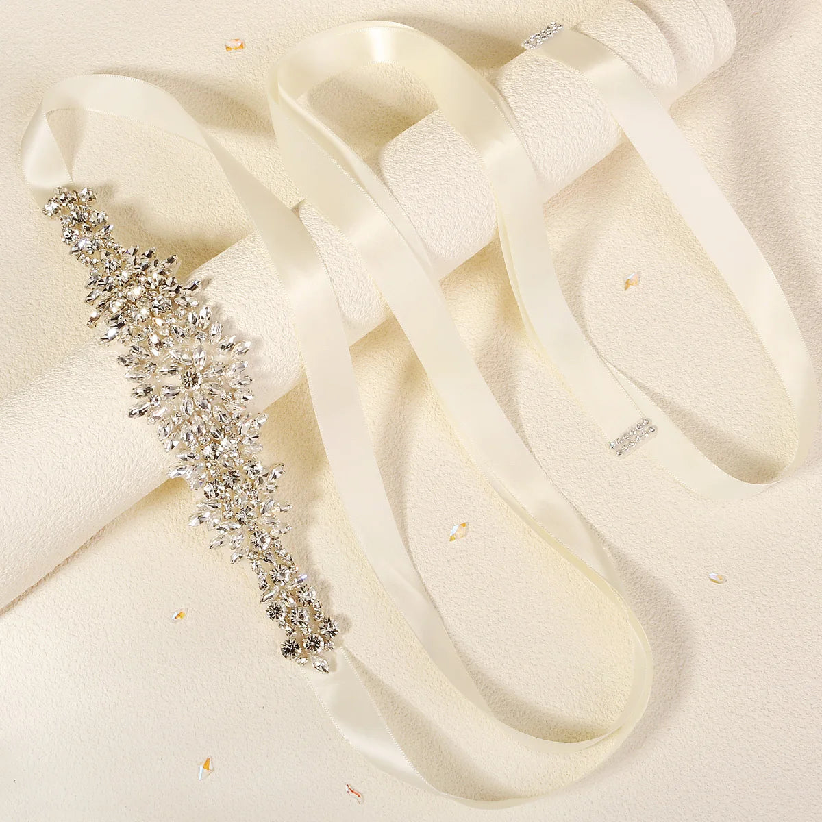 Crystal Rhinestone Bridal Sash Belt with Ivory Ribbon