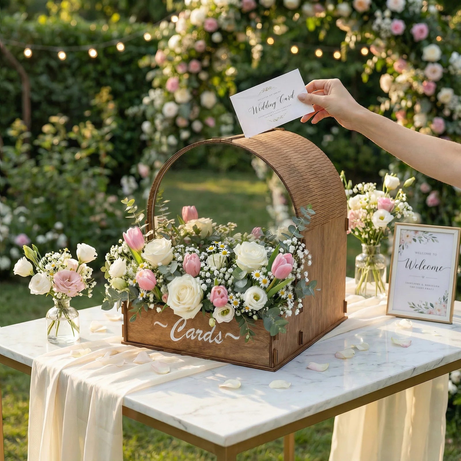 Wooden Wedding Card Box with Floral Arrangement