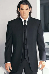 Custom Made Groomsmen Black Groom Tuxedos Mandarin Lapel Best Man Groo