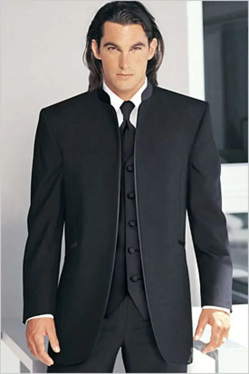 Custom Made Groomsmen Black Groom Tuxedos Mandarin Lapel Best Man Groo