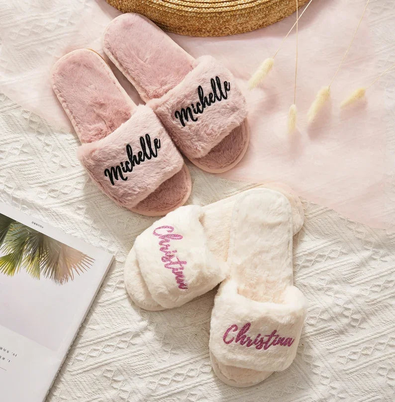 Personalized Fluffy Slippers For the Wedding Party