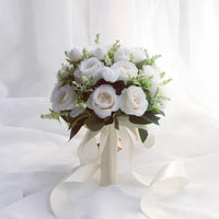Bridal Bridesmaid Wedding Bouquet White Silk Flowers Roses Handmade  A