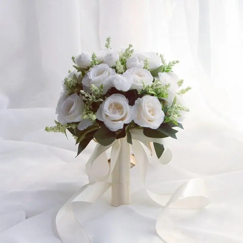 Bridal Bridesmaid Wedding Bouquet White Silk Flowers Roses Handmade  A