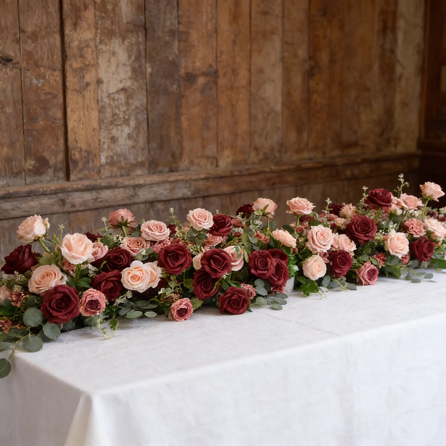 Burgundy and Blush Floral Wedding Table Runner and Flower Ball