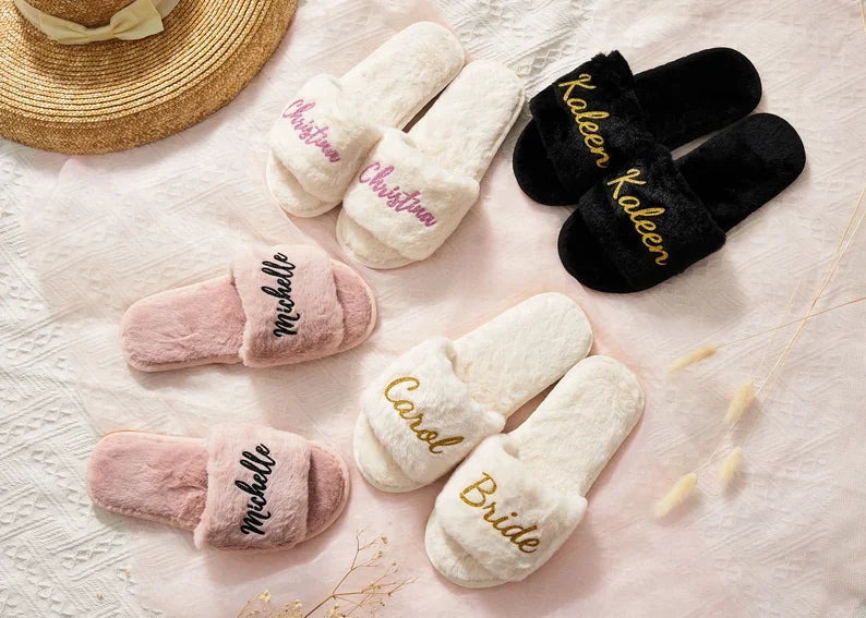 Personalized Fluffy Slippers For the Wedding Party