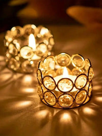 Silver gold crystal tea candle holders with lit candles for wedding decoration
