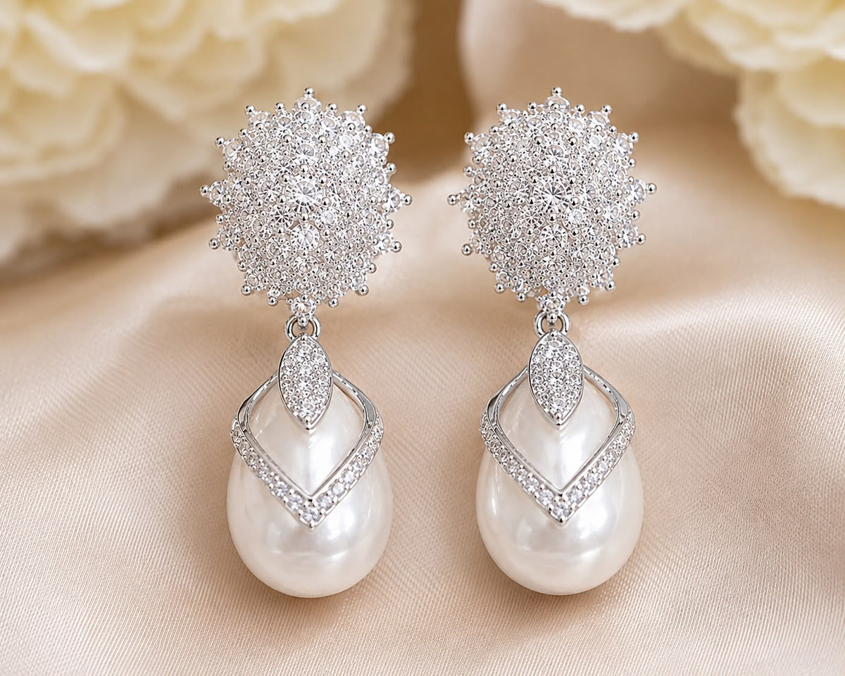 Crystal Cluster Pearl Drop Bridal Earrings