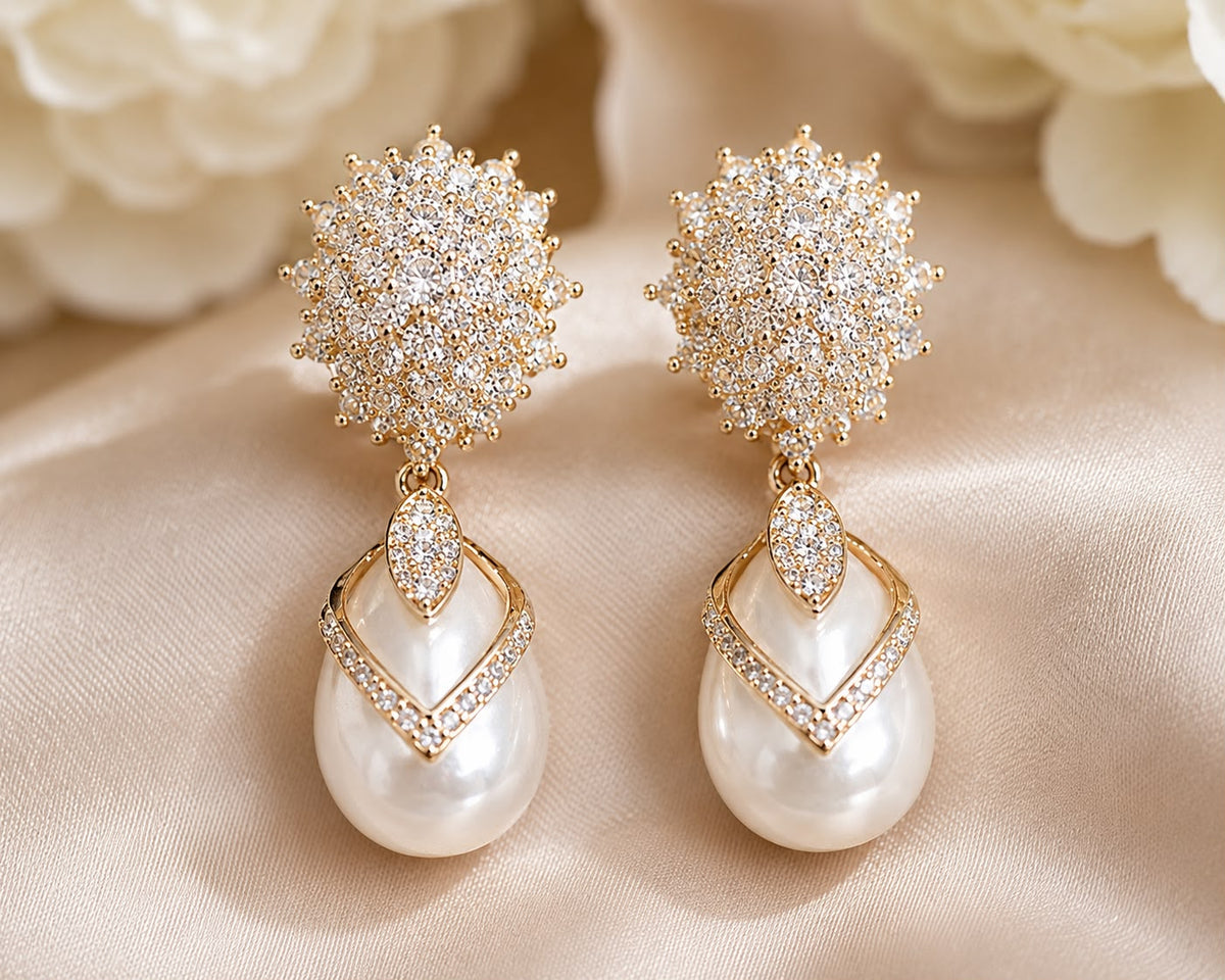 Crystal Cluster Pearl Drop Bridal Earrings