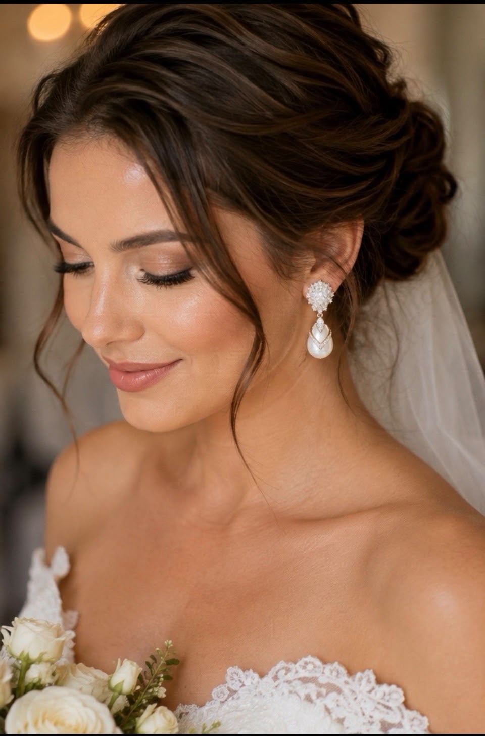 Crystal Cluster Pearl Drop Bridal Earrings