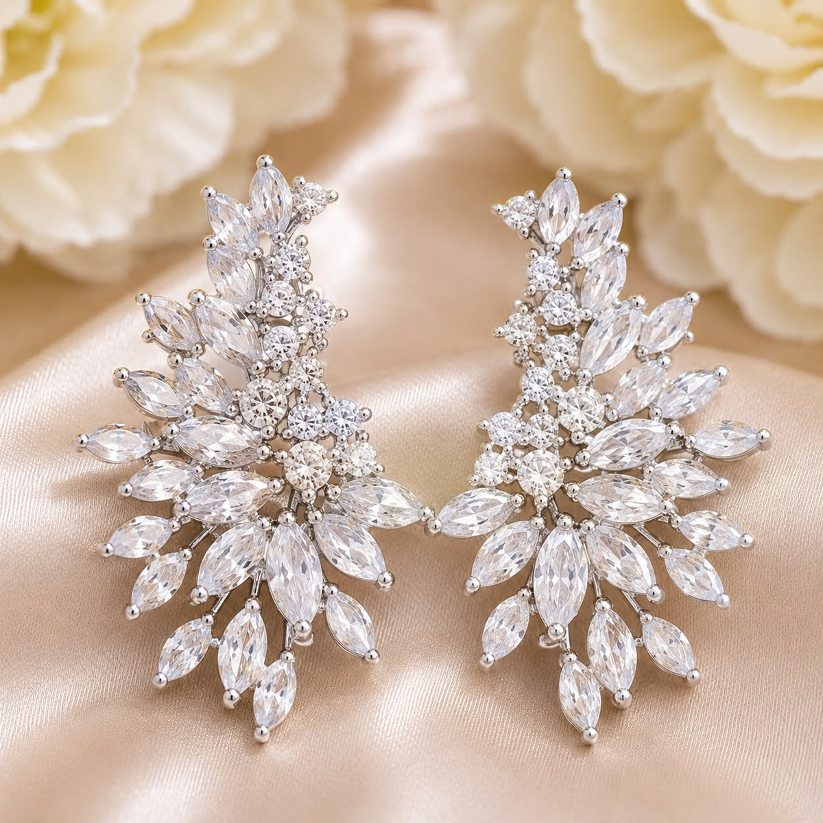 Crystal Leaf Bridal Statement Earrings – Marquise Rhinestone Wedding Jewelry