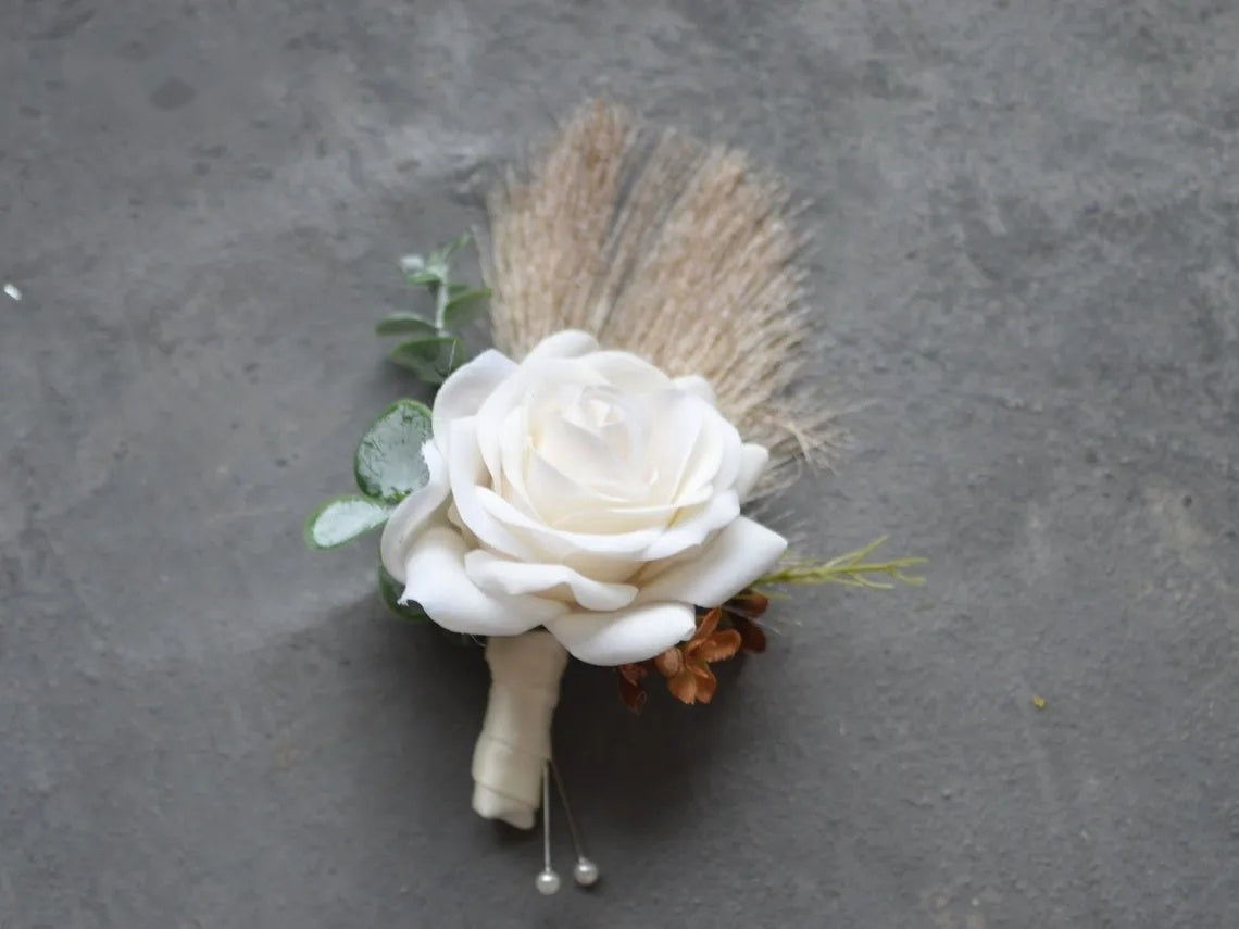 Terracotta Dream Bouquet & Boutonniere Set — Rust, Ivory & Blush Real Touch Florals