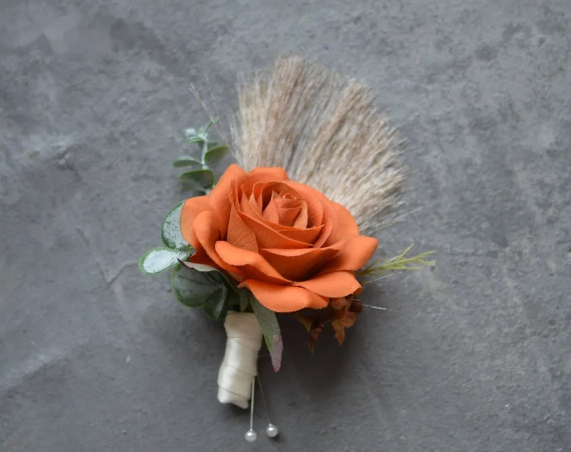 Terracotta Dream Bouquet & Boutonniere Set — Rust, Ivory & Blush Real Touch Florals