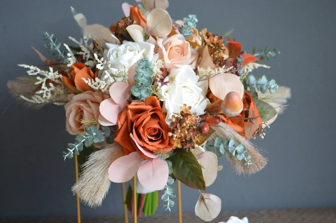 Terracotta Dream Bouquet & Boutonniere Set — Rust, Ivory & Blush Real Touch Florals